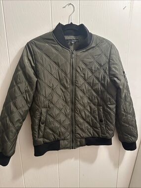 Harve Benard Olive Quilted Bomber Jacket with Black Rib Trim